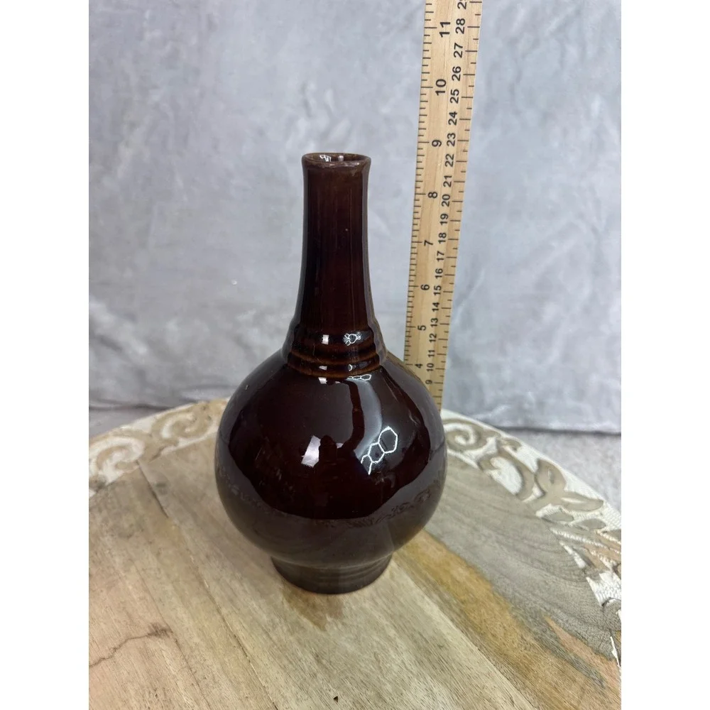 Vintage Brown Glossy Ceramic Bud Vase Bulbous Slender Neck MCM Home Decor 8in‎